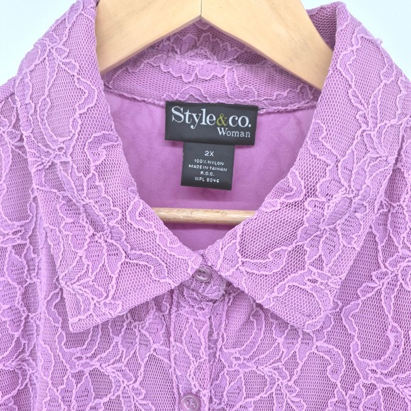 Style & Co Woman Lilac Floral Lace Button‎ Up Sheer Shirt Plus Size 2X Romantic - Picture 4 of 12